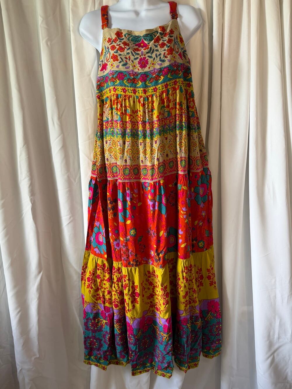 Natural Life XL Boho Patchwork Floral Tiered Cami Maxi Dress Cottagecore indie